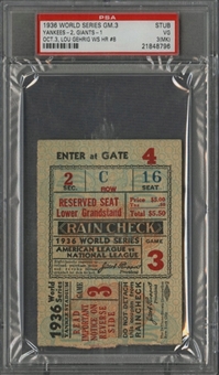 1936 World Series Yankees Vs. Giants Game 3 Ticket Stub - Lou Gehrig WS HR #8 - PSA/DNA VG 3 (MK)